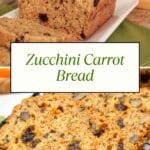 Zucchini Carrot Bread shown two ways. On a white serving platter and on a cooling rack