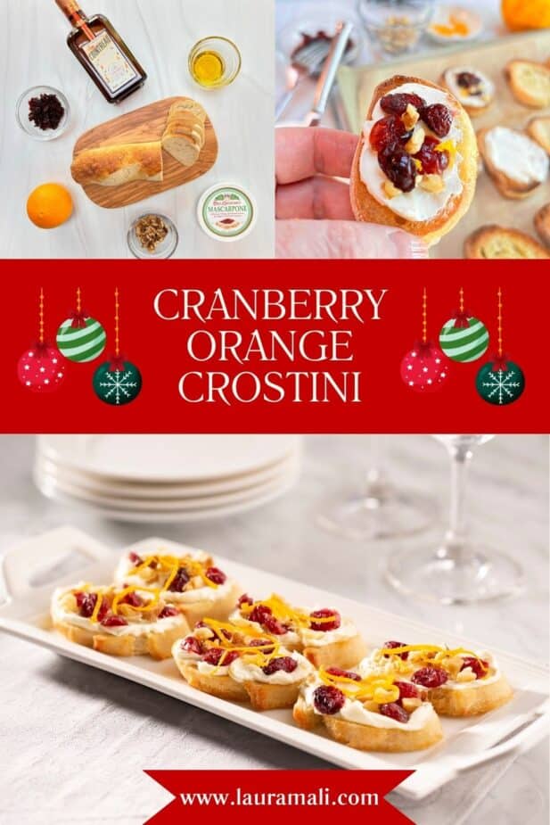 The ingredients used to make the Cranberry crostini are in the top left corner with a close up of someone holding a finished cranberry crostini. A white platter filled with the crostini is at the bottom.