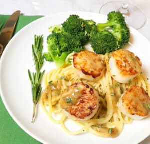 A white plate with scallops over a bed of spaghetti served with a side of steamed broccoli. A light lemon rosemary sauce is drizzled over top.