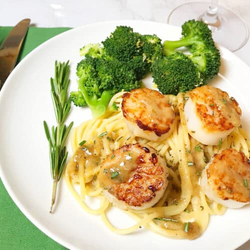 A white plate with scallops over a bed of spaghetti served with a side of steamed broccoli. A light lemon rosemary sauce is drizzled over top.