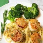 A white plate with scallops over a bed of spaghetti served with a side of steamed broccoli. A light lemon rosemary sauce is drizzled over top.