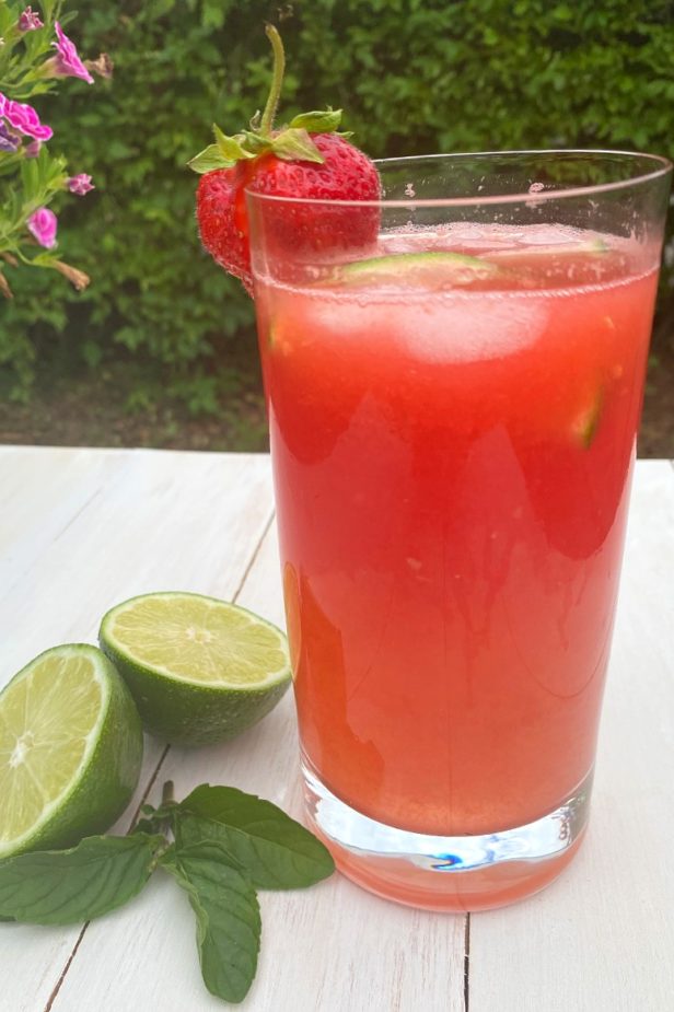 A glass of pink watermelon and lime with sparkling water on a picnic table