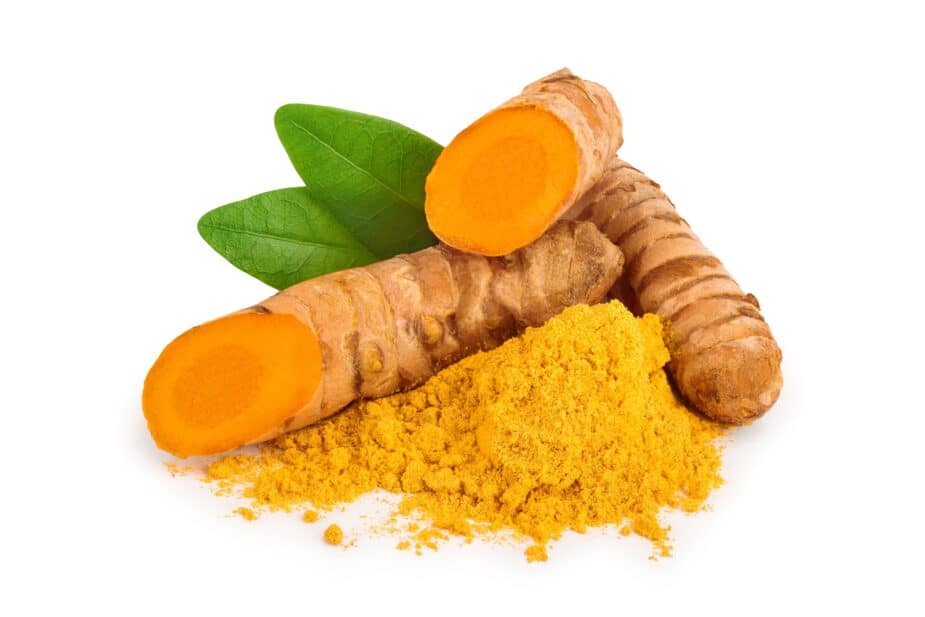 turmeric root and powder isolated on white background close up,