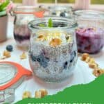 4 jars of lemon blueberry chia pudding on a white table in front of a sunny window.