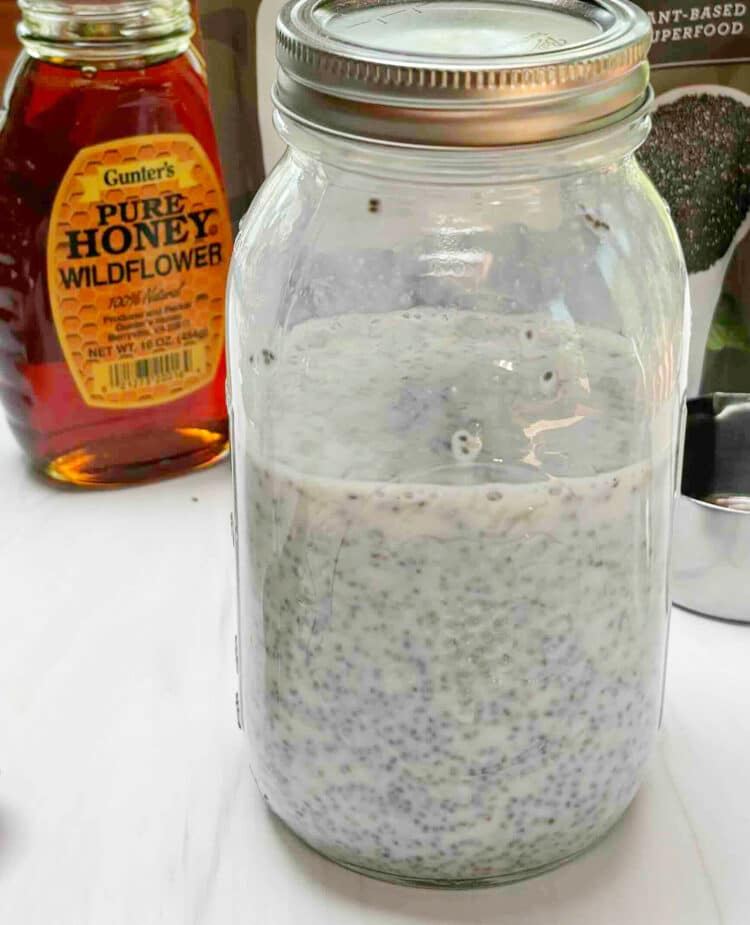 Milk and Lemon juice mixed with chia seeds and honey in a mason jar