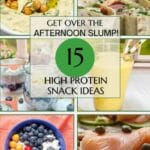 A variety of high protein snacks in a grid with the title 15 High Protein Snack Ideas over top