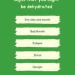 An infographic with a green backgroun and 5 symptoms of dehydration listed.