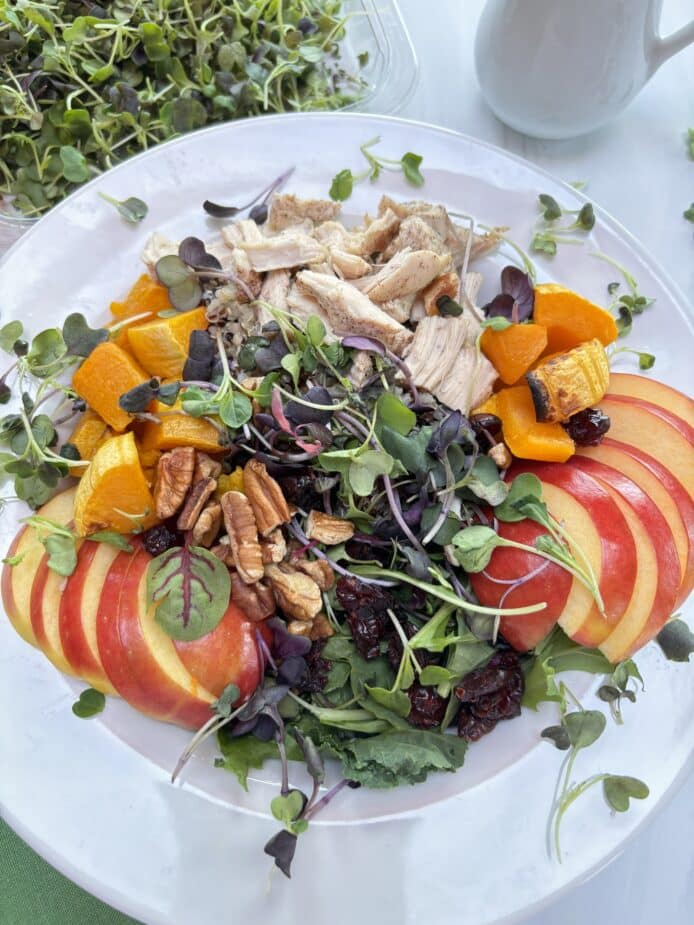 Fall grain bowl is in a white bowl on a marble counter top. Rainbow microgreens surround the bowl with a side of dressing in the background.