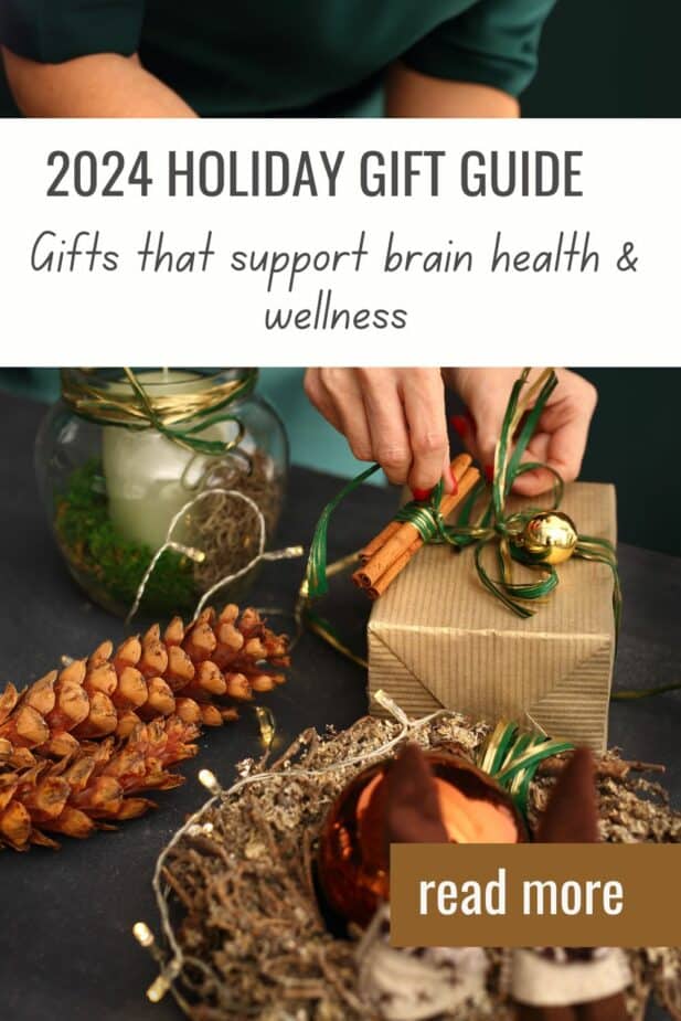 A woman tying cinnamon sticks on a holiday package. The title "2024 Holdiay Gift Guide: Gifts that support brain health and wellness is in a white banner over the middle of the photo