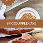 The top image is an overheat picture of the cake on a piece of parchment paper on a wire rack with piece of cake on a white plate in front of it. The bottom picutre is a piece of cake with a dollop of whipped cream on top.