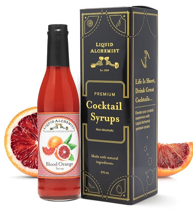 A bottle of Blood Orange flavored cocktail syrup with the box it arrives in next to it.