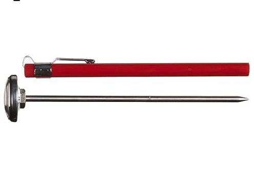 An instant read thermometer with a red cover