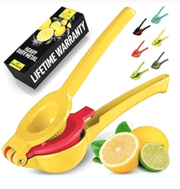 A yellow handheld citrus juicer used to squeeze the juice from lemons or limes