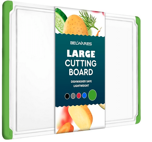 A plastic cutting board with no slip edges.