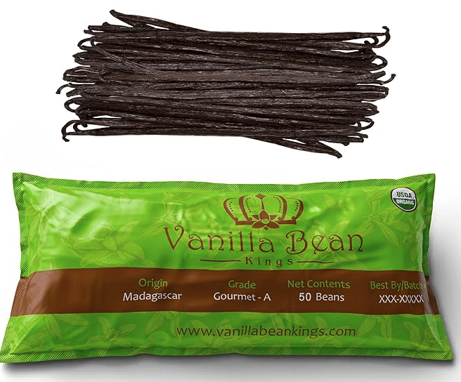 Vanilla beans are pictured and the package they come in is pictured below.