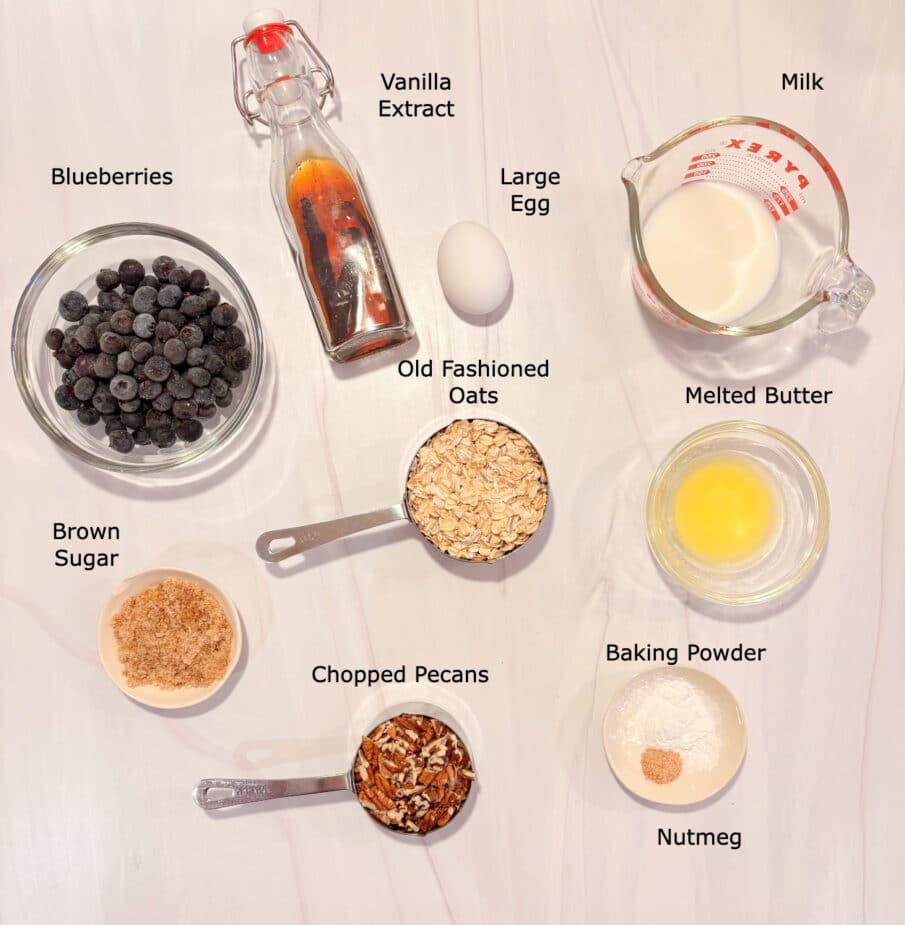 Ingredients to make baked blueberry oatmeal cups